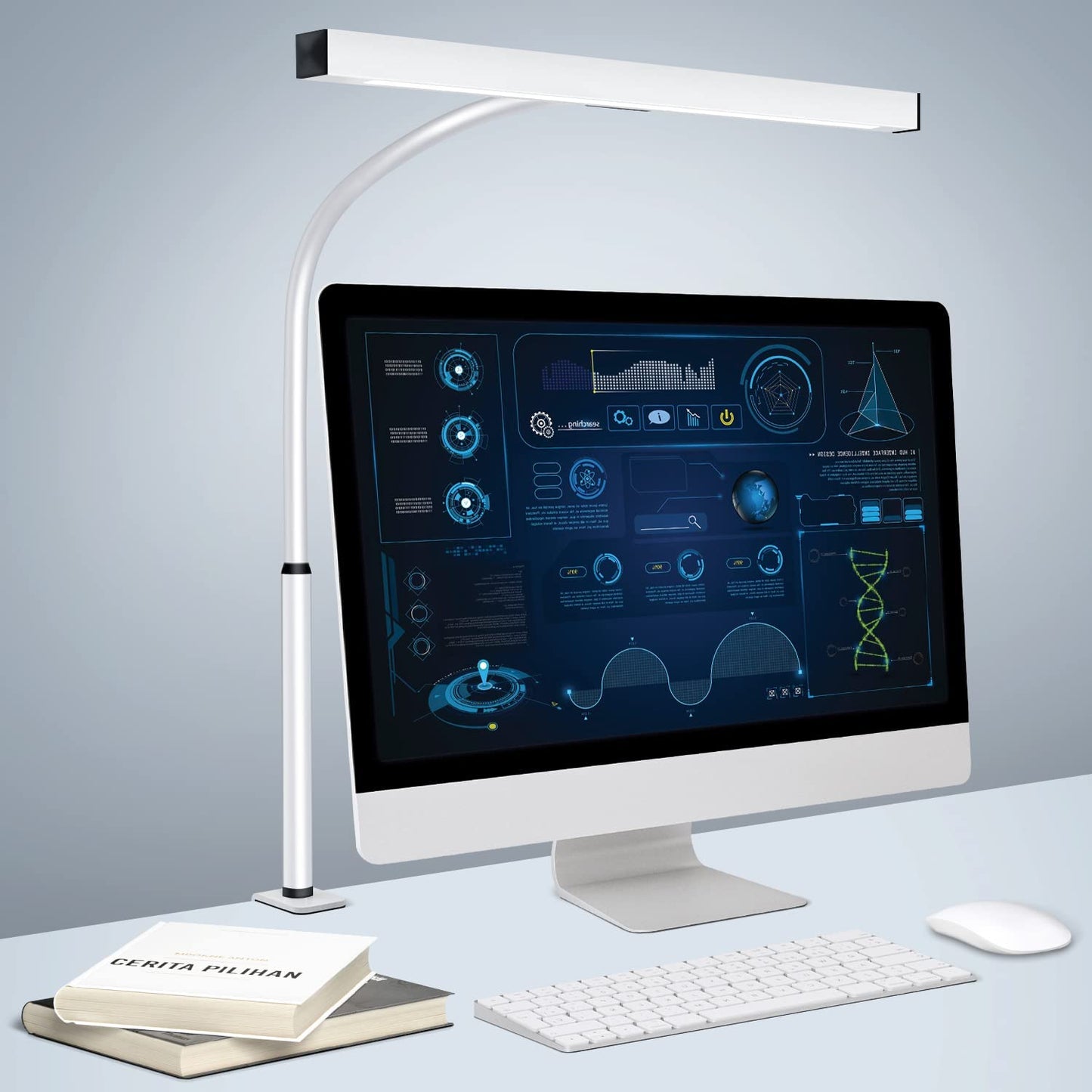 White Modern LED Desk Lamp: Eye-Caring Desk Light with Clamp, Ideal for Home Office and Studio Monitor. The Architect Desk Lamp features 360° Rotation Gooseneck, AC Adapter, 5 Color Modes, and Stepless Dimming 