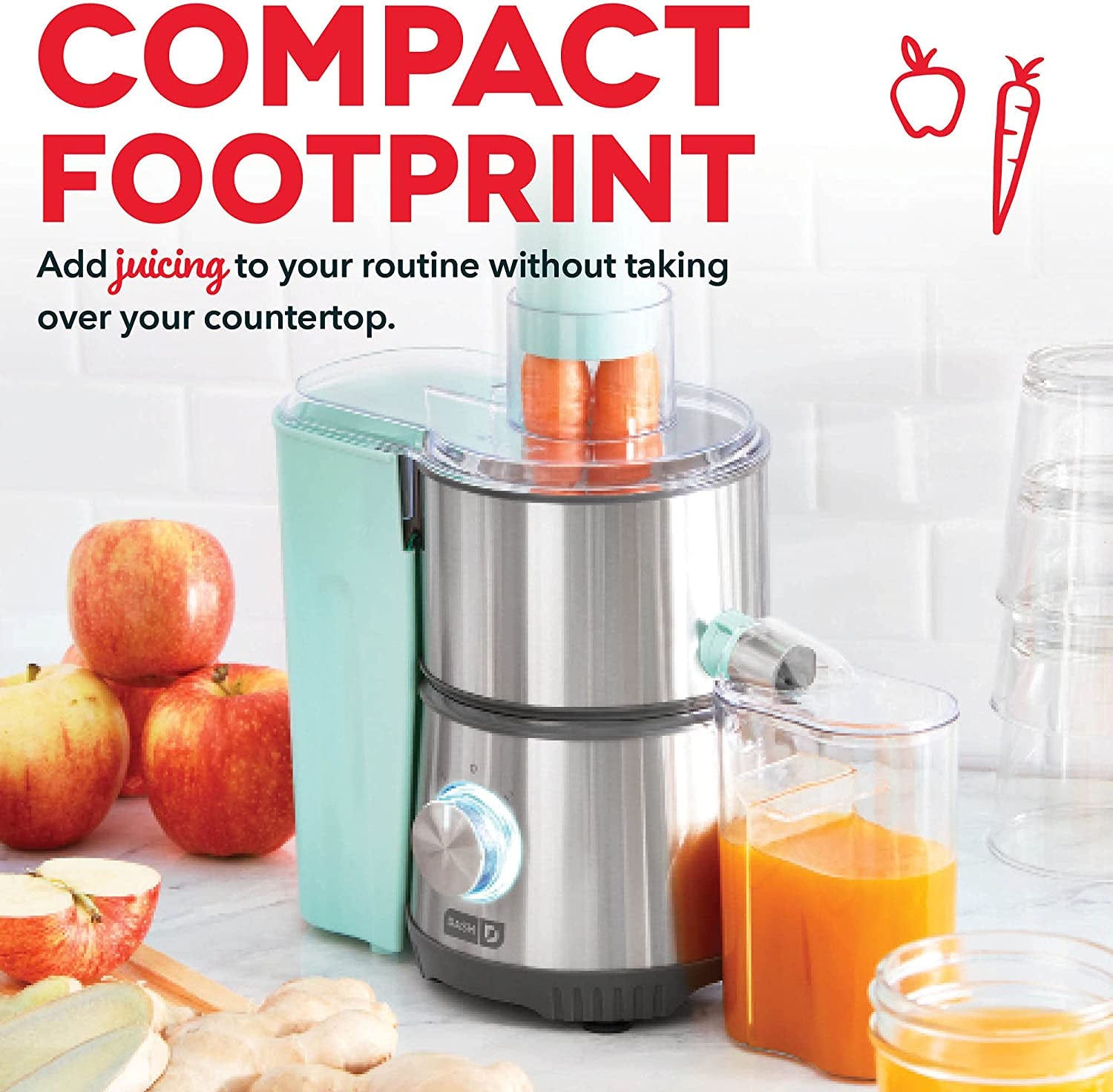 Compact Centrifugal Juicer - 2-Speed Press Juicing Machine with a 2" Wide Feed Chute for Whole Fruits and Vegetables, Anti-drip Feature, Stainless Steel Sieve in Aqua