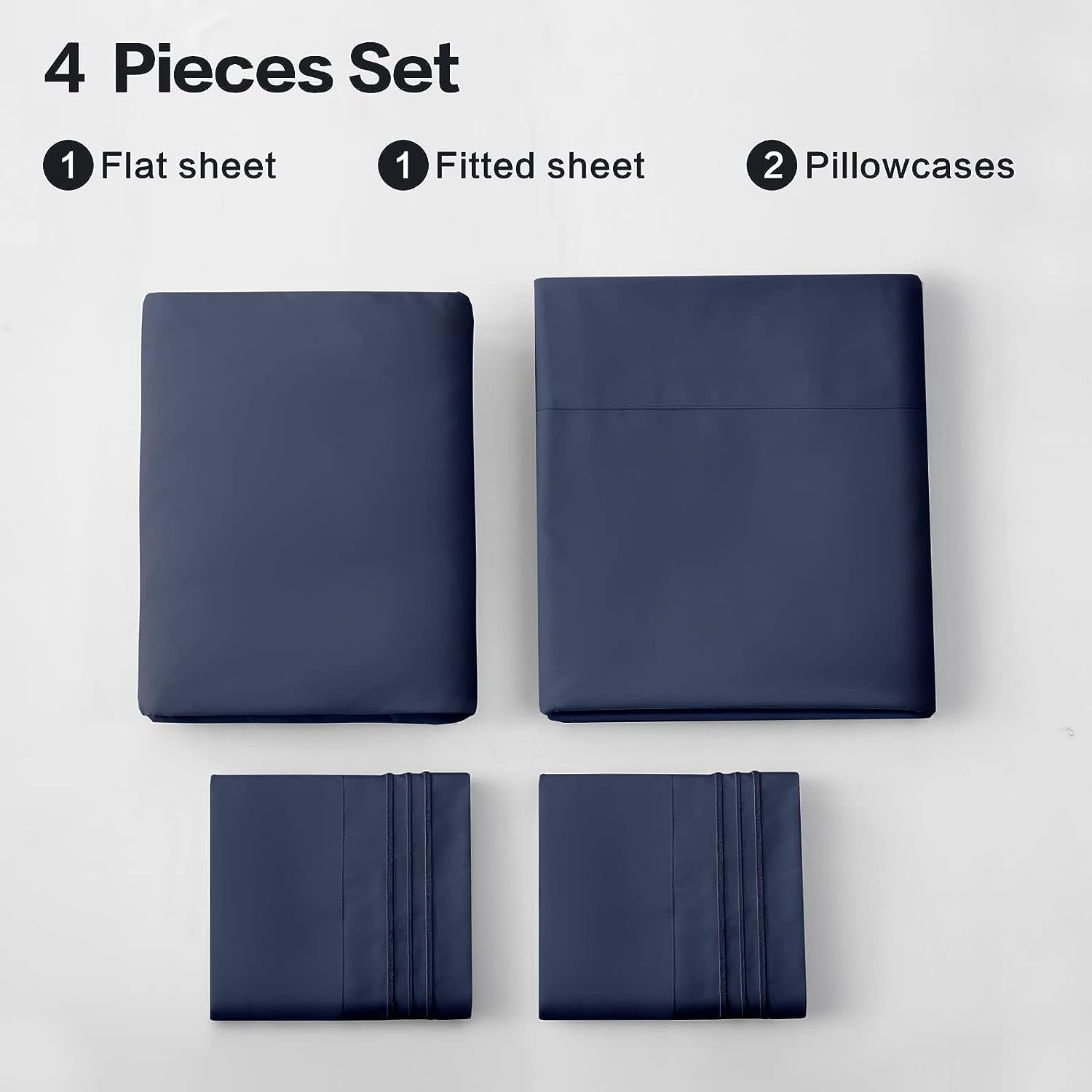 Queen Size Bed Sheets Set - Includes 1 Flat Sheet, 1 Fitted Sheet with a 16-Inch Deep Pocket, and 2 Pillowcases. Made from Super Soft Microfiber with a 1800 Thread Count. These Beddings are Wrinkle-Free and Resistant to Shrinkage. Color: Navy Blue.
