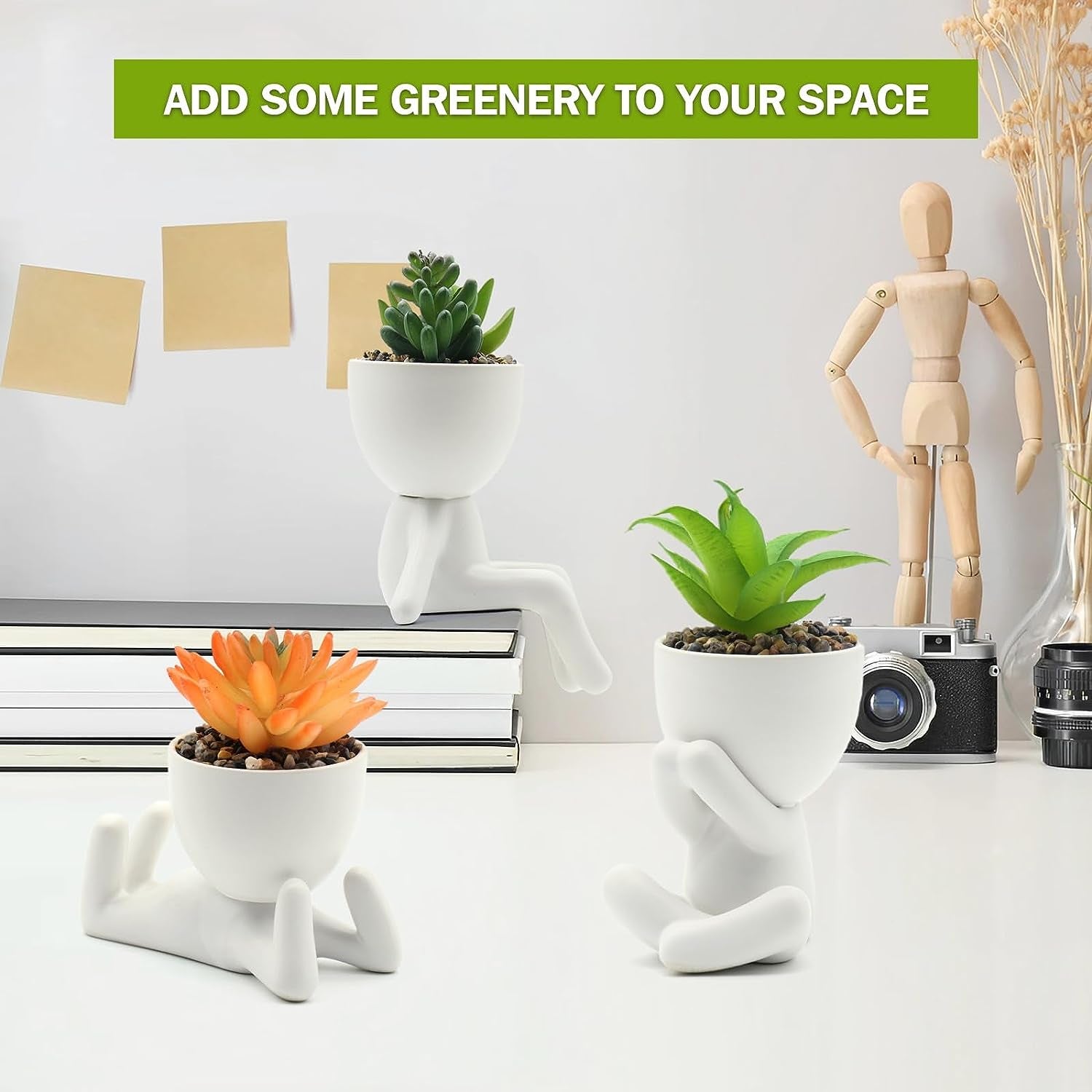 Set of 3 Artificial Succulent Plants in Ceramic Pots - Cute Human-Shaped Faux Succulents, Perfect for Desk, Shelves, Bathroom, Living Room, and Office Decoration in White.