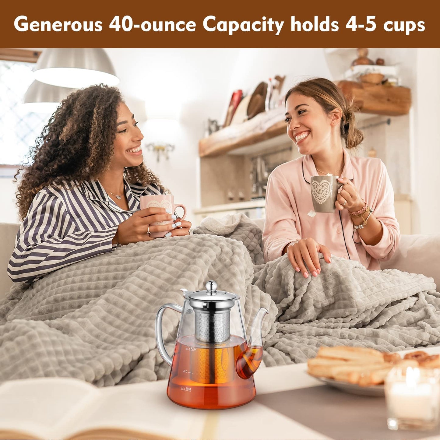 Glass Teapot 1200ml - Comes with Removable Loose Tea Infuser - Made from Borosilicate Glass - Features Scale Line - Stovetop Safe - Suitable for Blooming Tea and Other Teas - Presented in a Gift Box, Perfect for Tea Enthusiasts.