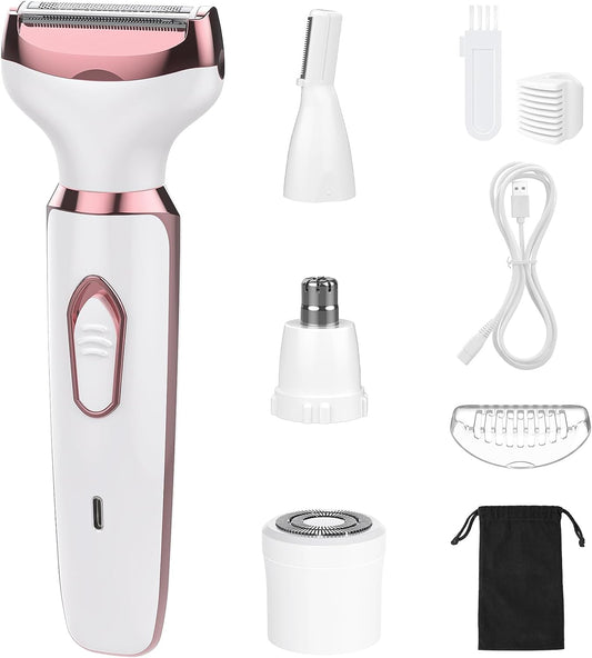 4-in-1 Electric Women's Hair Removal Epilator - Cordless, Rechargeable, Portable Shaver for Legs, Face, Arms, Bikini, Armpits, and Pubic Hair Removal in White.