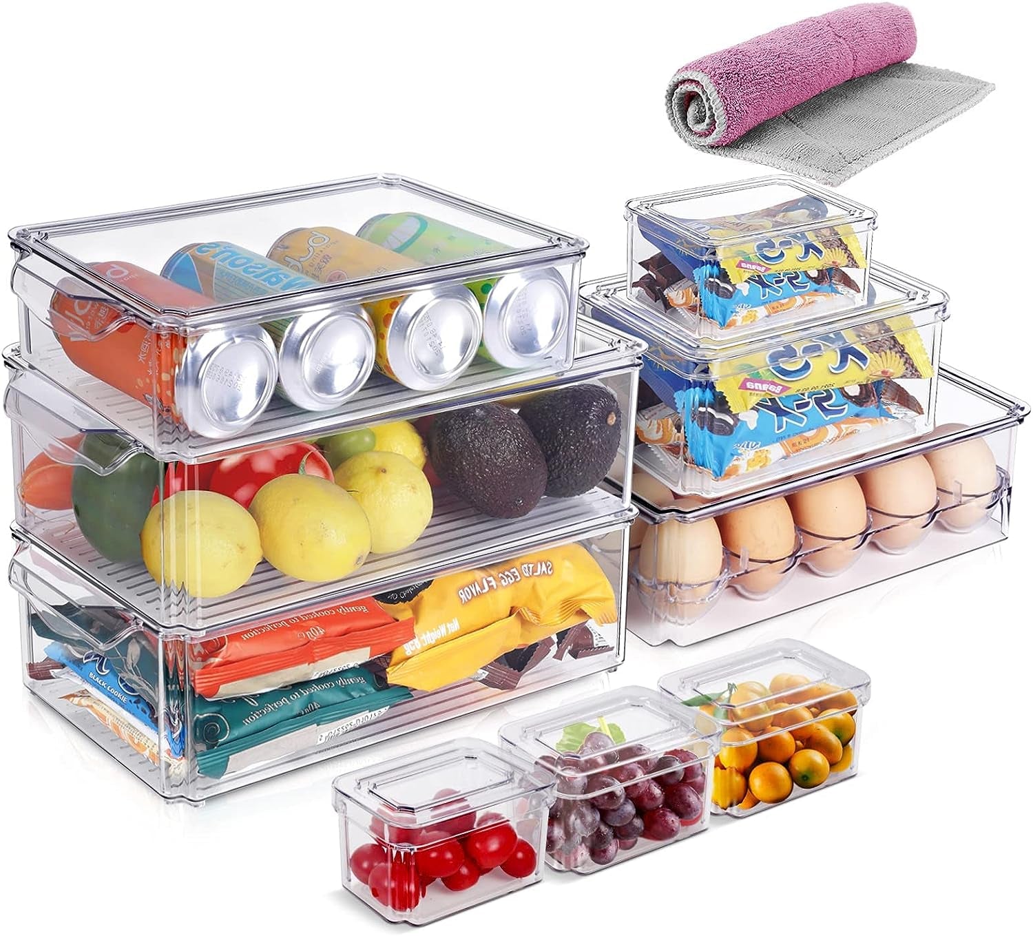 Set of 9 Fridge Organizer Bins with Lids - Clear Stackable Plastic Containers for Refrigerator, Pantry, and Kitchen Storage, BPA-Free and Versatile Organizers in 6 Different Sizes