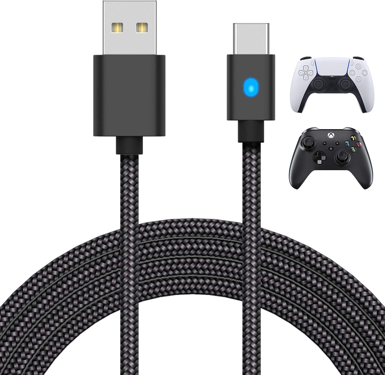 10FT Fast Charging Cable with LED Indicator - Compatible with PS5 DualSense Controller, Xbox Series X/S, Switch Pro Controller, and Phones - Nylon Braided Type-C Ports Replacement