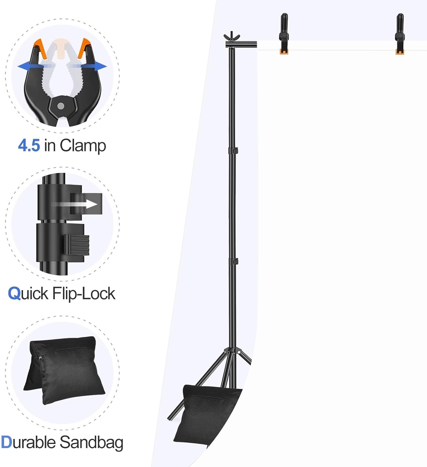 7x10ft/2.1Mx3M Photo Backdrop Stand Kit - Adjustable Background Support System for Video Studio and Photography, Includes 2 Sand Bags and 4 Clamps, Ideal for Parties