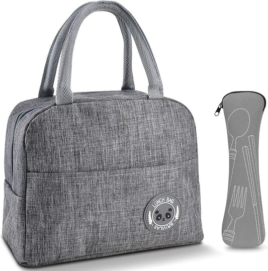 Insulated Lunch Bag: Reusable Tote Bag with 1 Cutlery Storage Bag, Ideal Thermal Cooler Bag for Kids, Women, Men, Suitable for Work, School, Office, and Travel - Grey Color