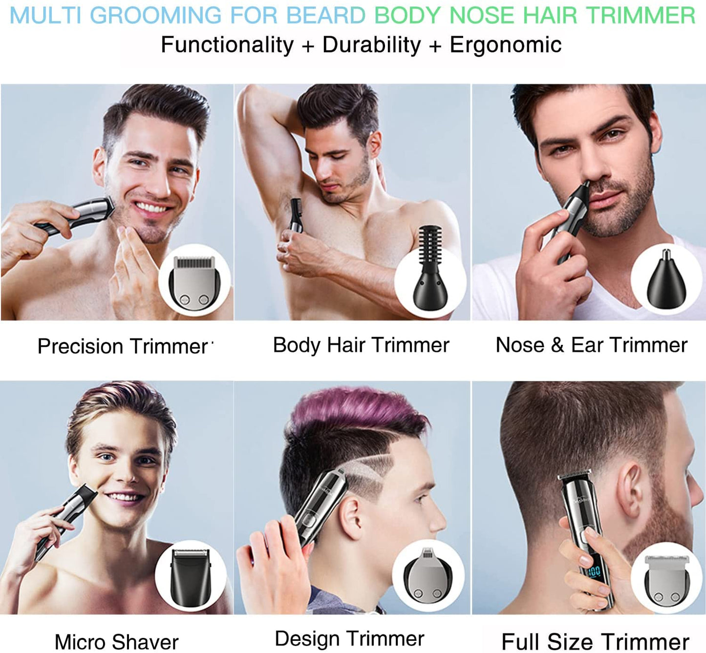 Men's Beard Trimmer - Multifunctional Hair Clippers & Trimmer - IPX7 Waterproof for Use on Mustache, Face, Nose, Ears, and Body - Electric Razor with USB Rechargeable & LCD Display 