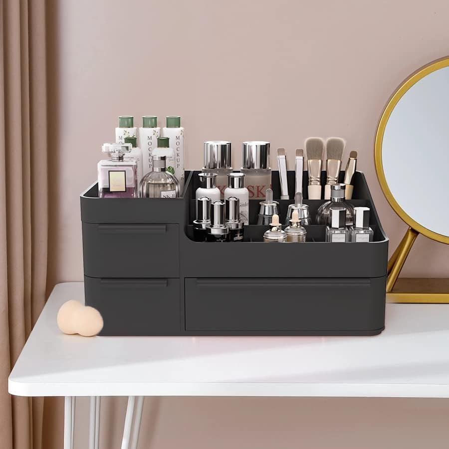 Black Plastic Vanity Makeup Organizer with 6 Compartments, Perfect for Brushes, Eyeshadow Palettes, and Beauty Supplies, Comes with Drawer Organizer Tray for Easy Use.
