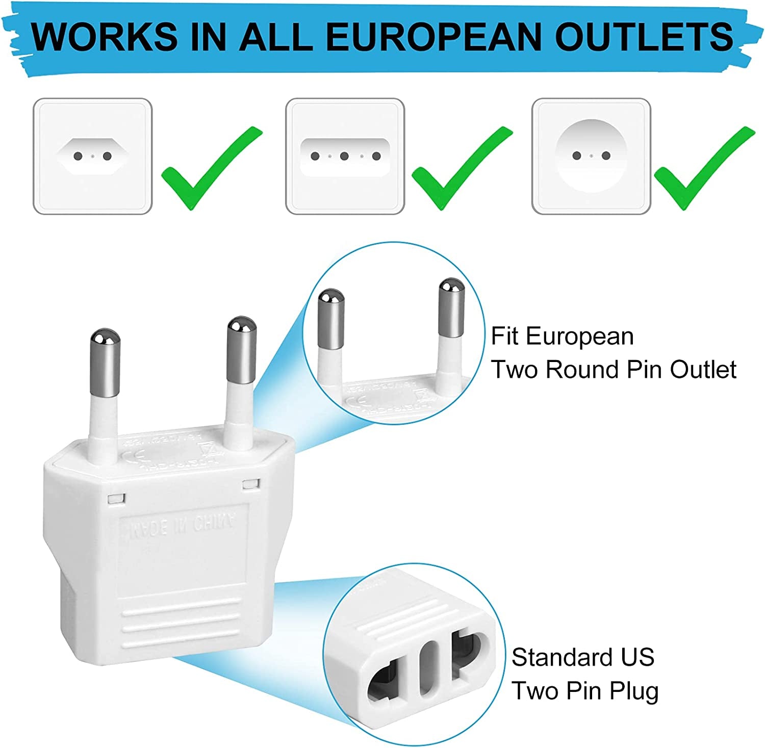 6 Pack European Plug Adapter, US to Europe Plug Adapter, European Adapter Type C Plug Adapter, Travel Adapter Europe, European Outlet Wall Plug Adapter Power Converter (White)