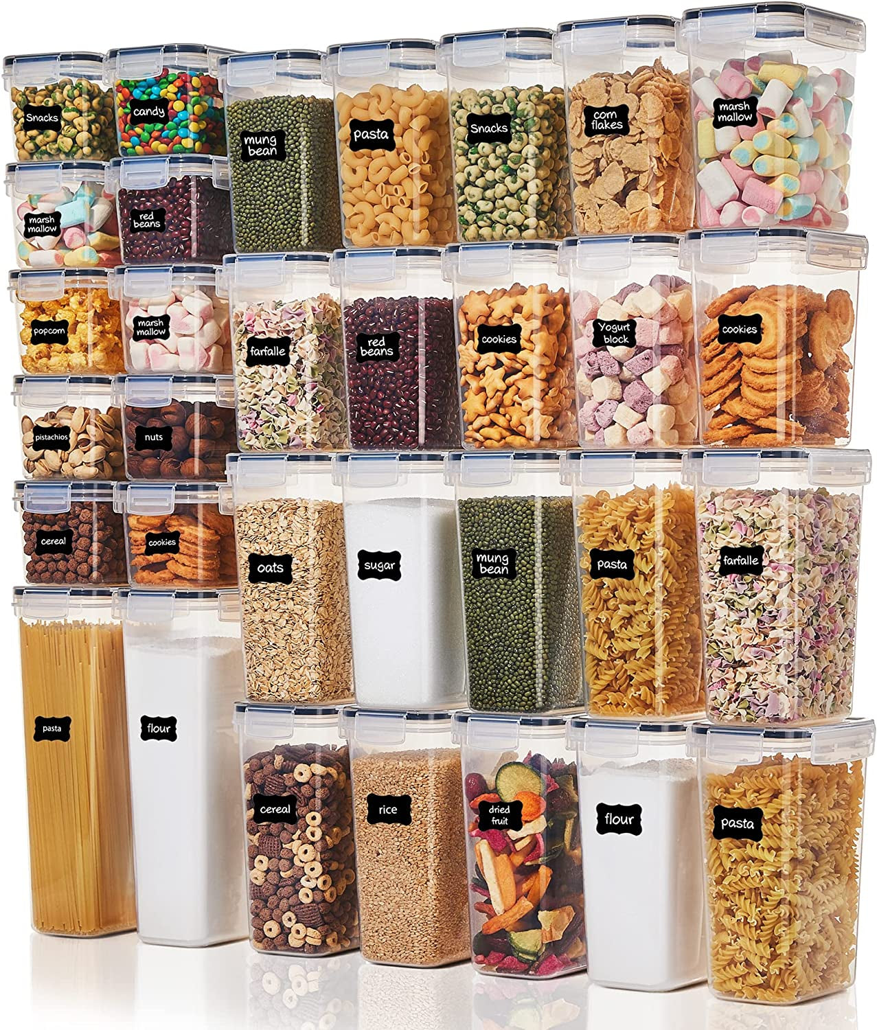 32-Piece Food Storage Container Set - BPA-Free Plastic Airtight Containers with Lids for Kitchen and Pantry Organization; Suitable for Storing Cereal, Flour, Sugar, and More, Comes with 32 Labels.