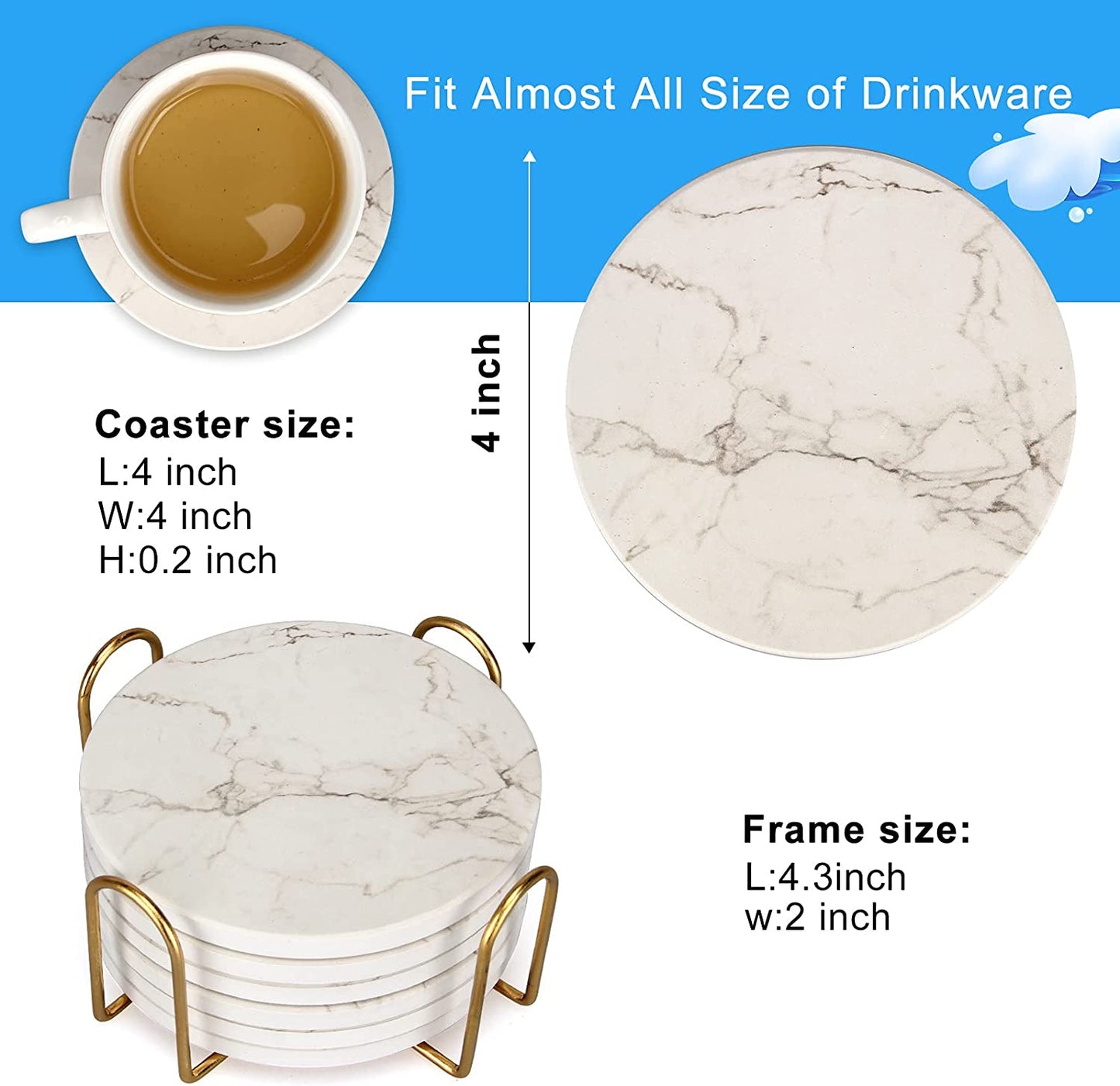 Set of 6 White Marble Coasters with Holder - Highly Absorbent Ceramic Drink Coasters, Perfect for Bars and Tables. These Modern Coasters make for a Cute and Practical Gift.