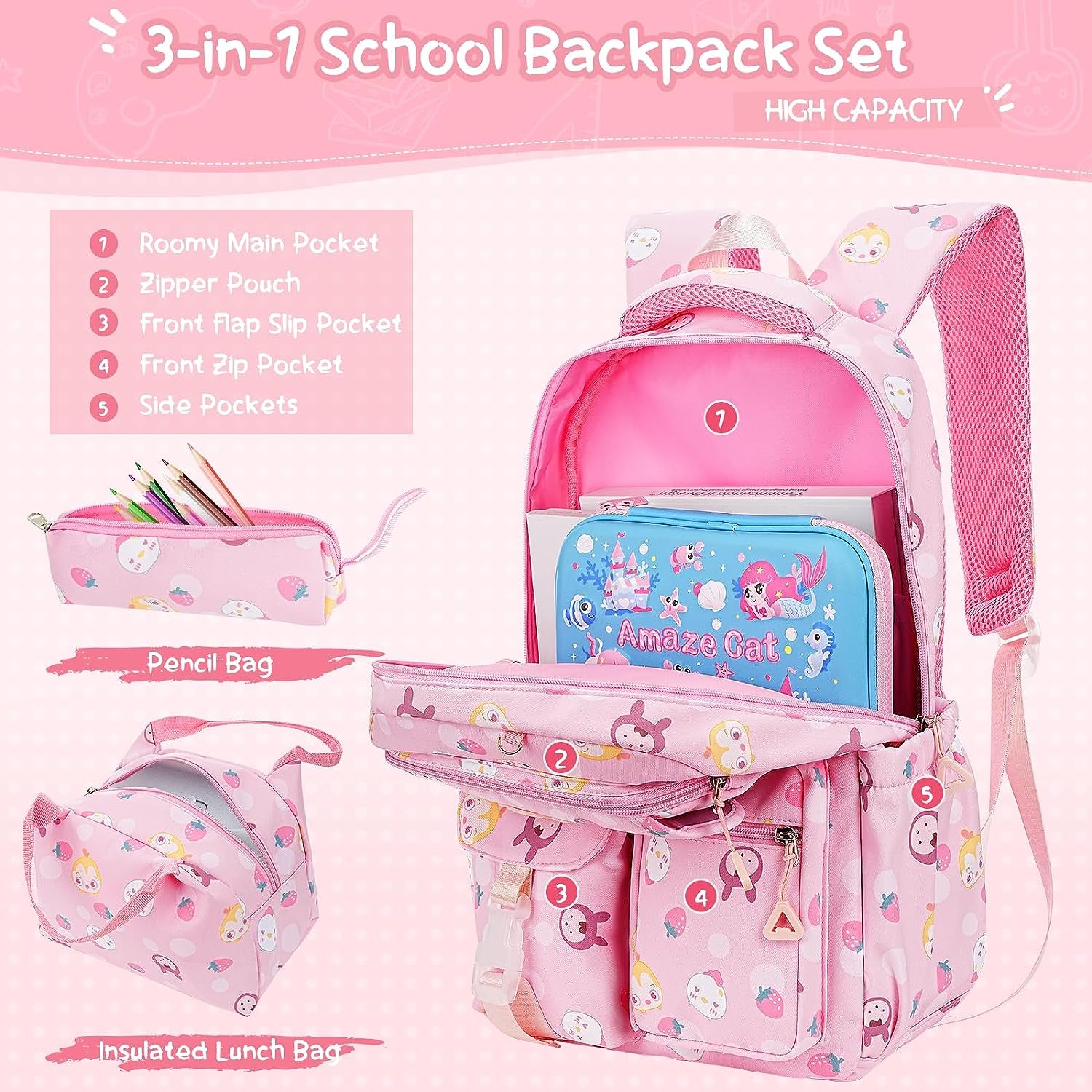 Complete 3-in-1 Back to School Backpack Set for Girls - Adorable Backpack, Including Lunch Bag and Pencil Case, Perfect Gift for Teen Girls