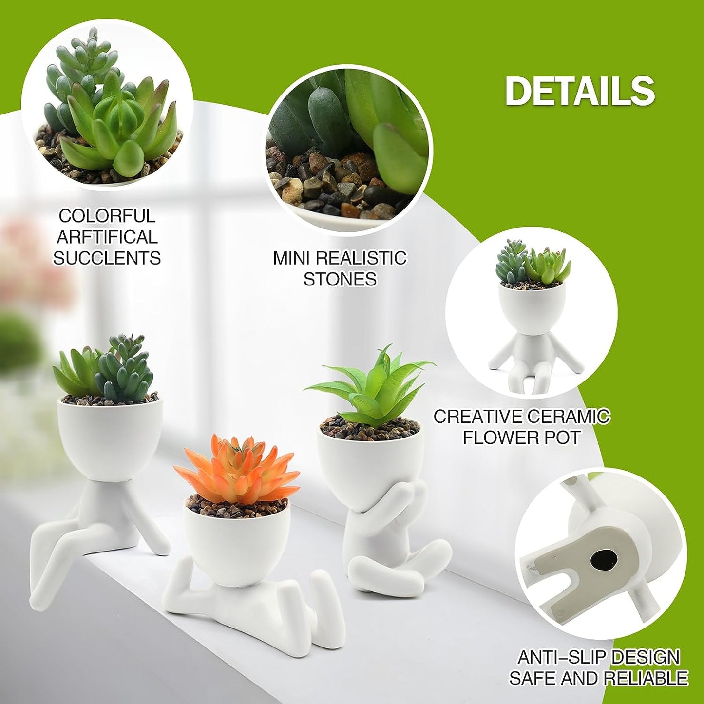 Set of 3 Artificial Succulent Plants in Ceramic Pots - Cute Human-Shaped Faux Succulents, Perfect for Desk, Shelves, Bathroom, Living Room, and Office Decoration in White.