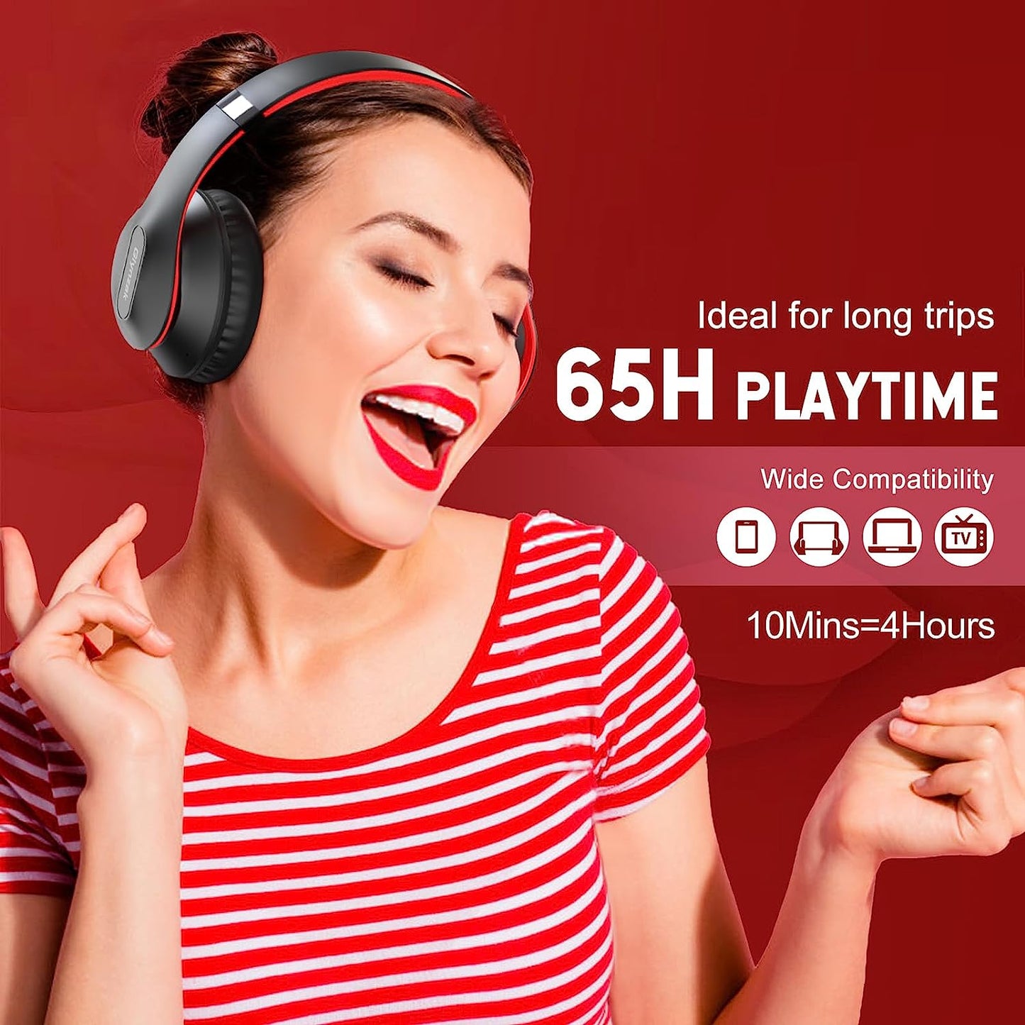 Bluetooth Headphones over Ear Foldable Headset with 65H Playtime, Hifi Stereo, Microphone, and 6EQ Modes. Bluetooth V5.3 Headphones for Travel, Smartphone, Computer, Laptop