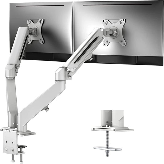 White Dual Monitor Stand with Gas Spring Adjustment - Supports 13-27 inch Screens up to 14.3 lbs Each, Featuring Dual Arms for Swivel, Tilt, Rotation, and Extension, Max VESA 100x100 Compatibility.