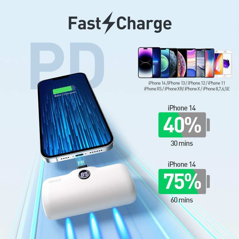 White Portable Charger - 4800mAh Power Bank with Fast Charging and PD Input - Small Docking Battery with LED Display - Compatible with iPhone 14/14 Pro Max/13/13 Pro Max/12/12 Pro/11/X/8/7/6