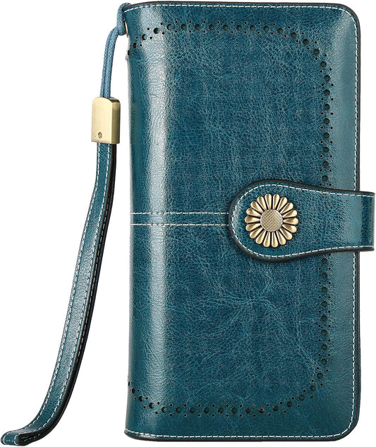 Genuine Leather Women's RFID Blocking Wallet Blue - Clutch Style with Card Holder Organizer and Purse Functionality, Available in Blue; Measures 7.6 x 1.37 x 4.1 inches, Features Zipper Closure, Snap Closure, and Trifold Closure for Added Security.