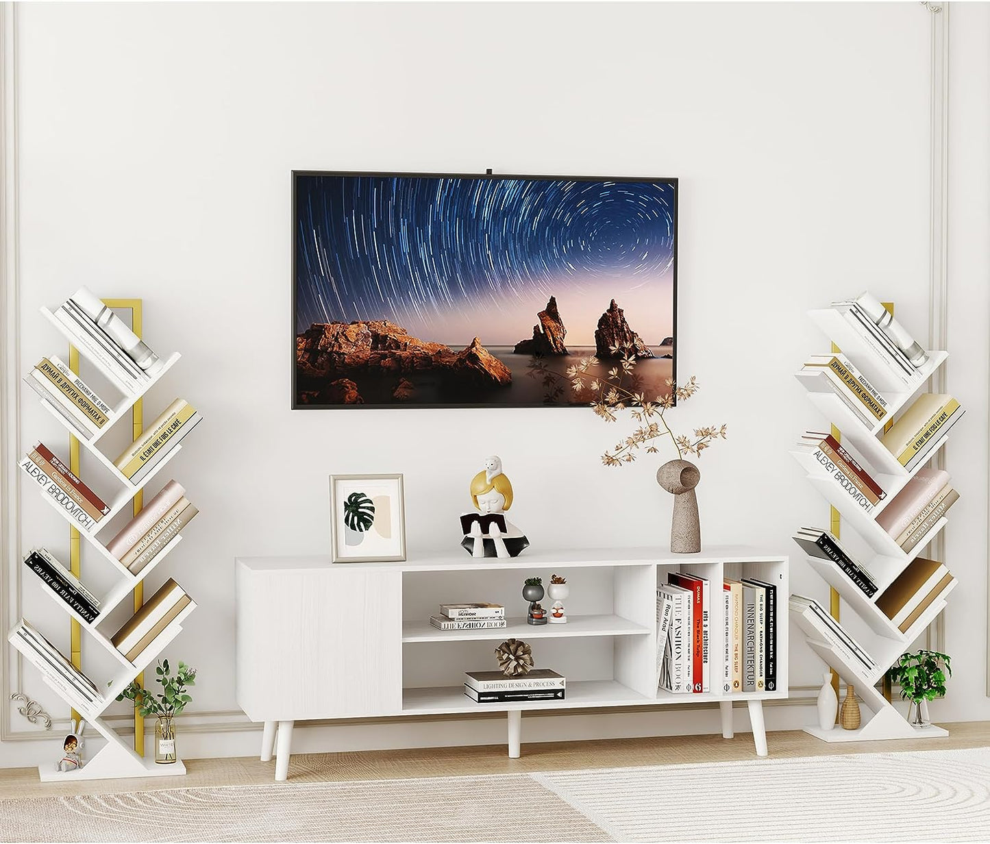 Geometric Tree Bookshelf with Steel Pipe - A Stylish Floor Standing Bookcase for Living Room, Bedroom, Home Office. Available in Gold and White.