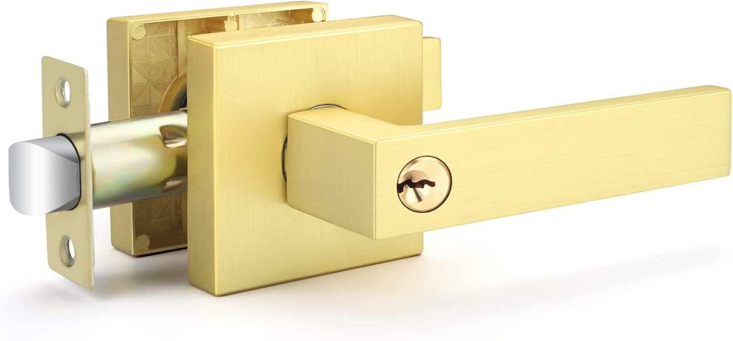 Satin Brass Keyed Entry Door Lever - Heavy-Duty Exterior Door Handle with a Keyed Entry Lock Set. Suitable for Left or Right-Handed Doors.