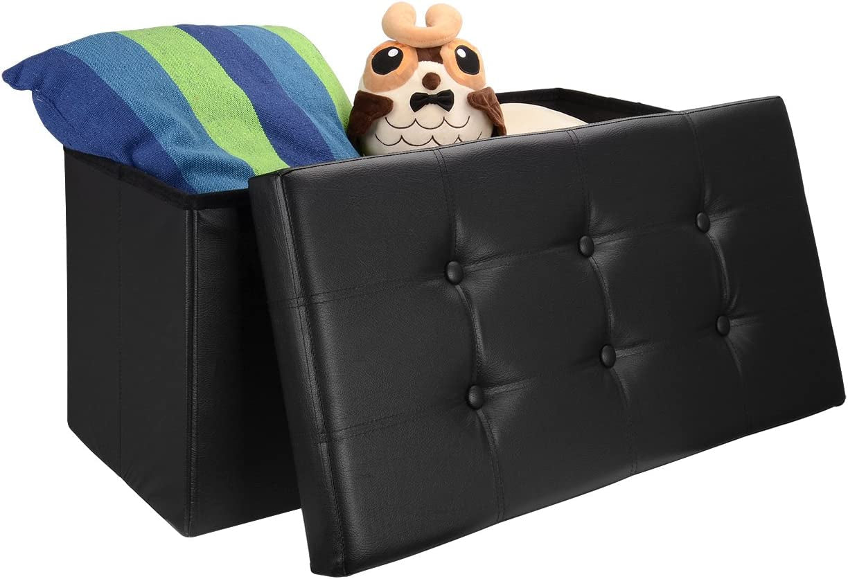 Faux Leather Folding Ottoman Coffee Table - Versatile Foot Rest Stool/Bench Seat, Dimensions 30" x 15" x 15", Black Color