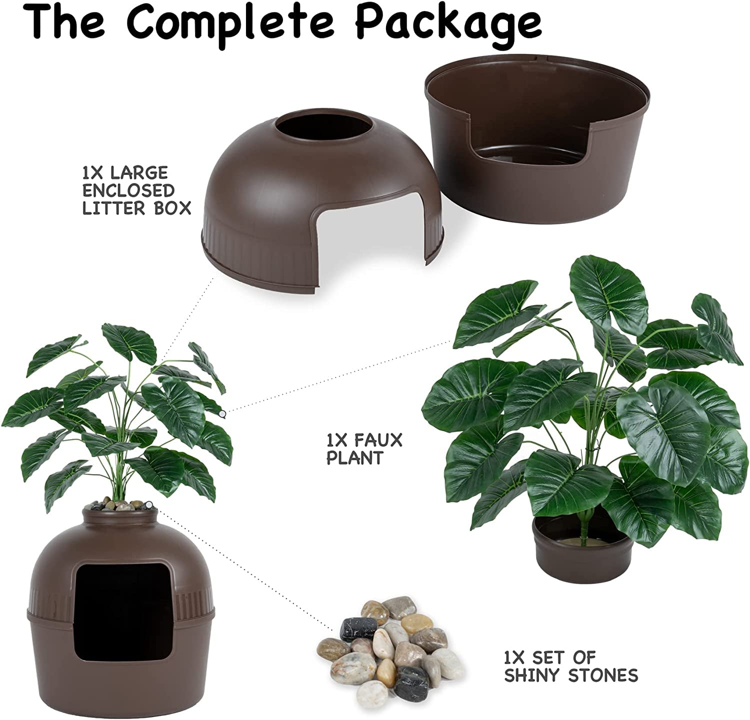 Enclosed Litter Box Enclosure, Plant Pot Design, Includes Faux Plant and Real Stones