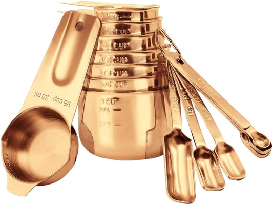 14-Piece Set of Copper Measuring Cups & Spoons: Premium Stainless Steel Metal, 7 Precision Measuring Cups, 6 Measuring Spoons, 1 Leveler, Ideal for Measuring Dry & Liquid Ingredients in Kitchen Baking & Cooking