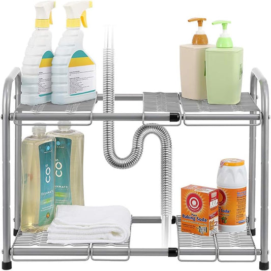 NEX 2 Tier Expandable Kitchen Storage Organizer Under Sink Cabinet Organizer Bathroom Sink Counter Shelf Rack, Metal