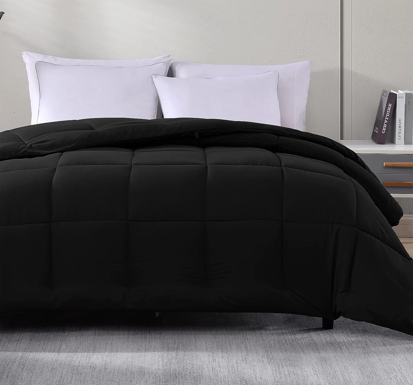 Queen Comforter Duvet Insert in Black - Hypoallergenic, Plush Down Alternative, Machine Washable. Can be used as a Duvet Insert or as a Stand-Alone Comforter for Queen-sized beds.