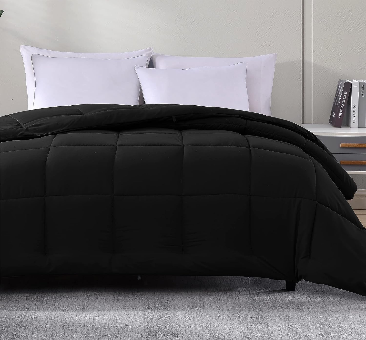 Queen Comforter Duvet Insert in Black - Hypoallergenic, Plush Down Alternative, Machine Washable. Can be used as a Duvet Insert or as a Stand-Alone Comforter for Queen-sized beds.