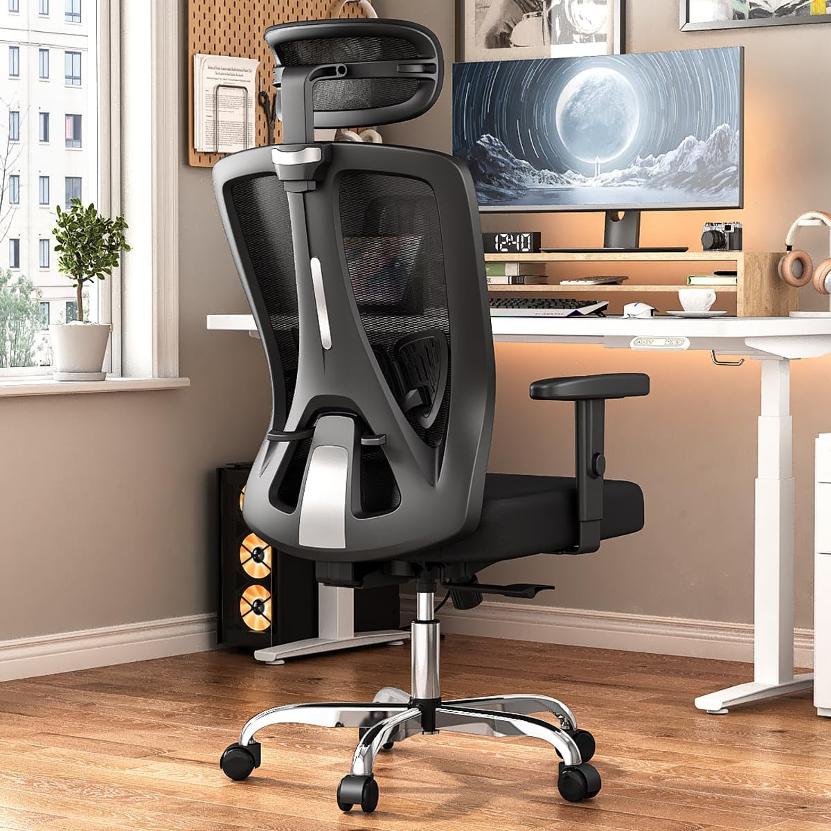 Ergonomic Office Chair - A Home Office Desk Chair with Lumbar Support, Adjustable Headrest, High Back, Mesh Design, Thickened Cushion, and 90°-145° Tilt Function, All in a Sleek Black Finish.