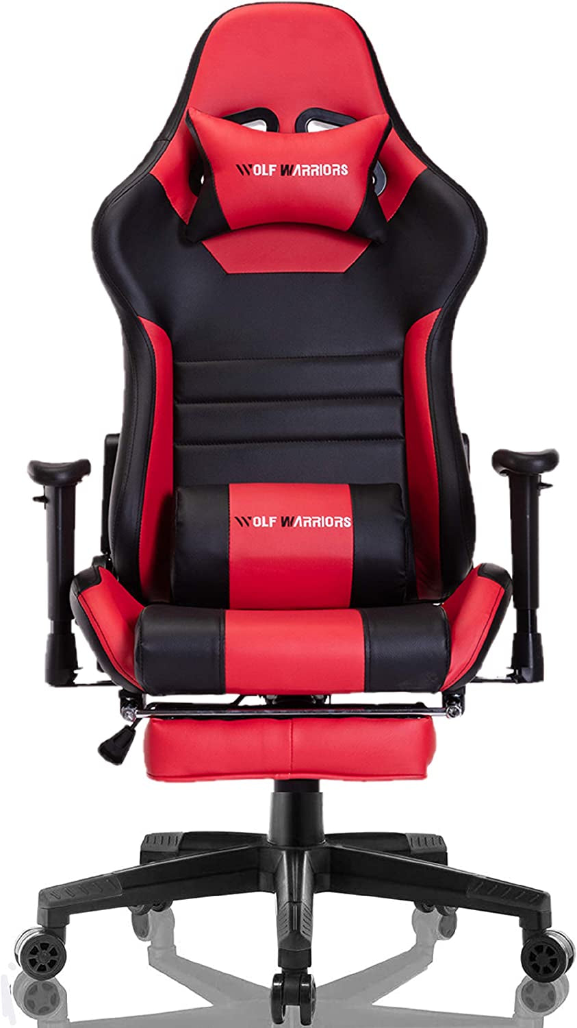 Ergonomic Gaming Chair with Footrest - Racing-Style Video Game Chair for Computer Gaming - Swivel Office Desk Chair with Lumbar Support and Headrest - Red/Black Design