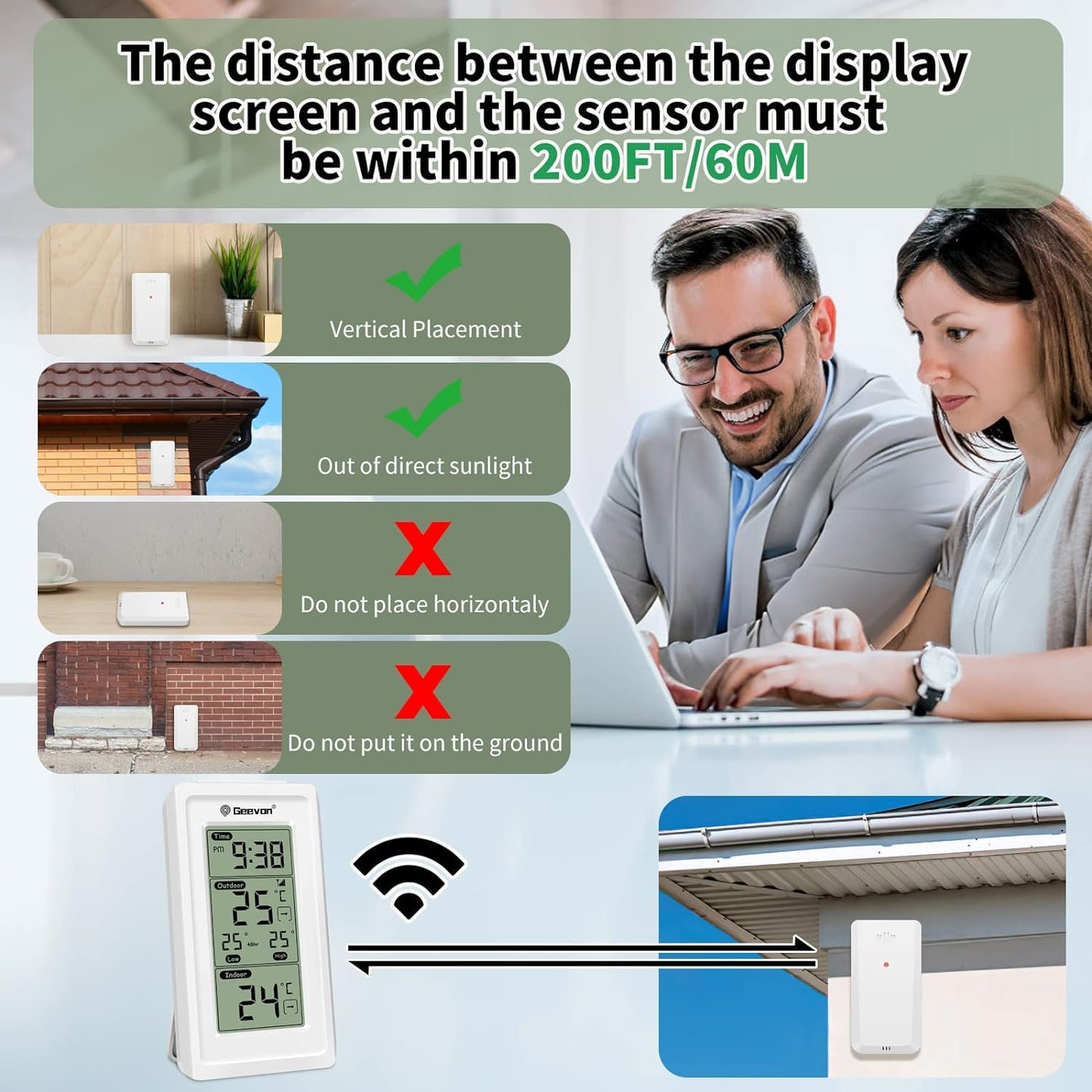  Wireless Digital Indoor Outdoor Thermometer with Time, Temperature Gauge, High/Low Readings, and 200ft/60m Range Temperature Monitoring