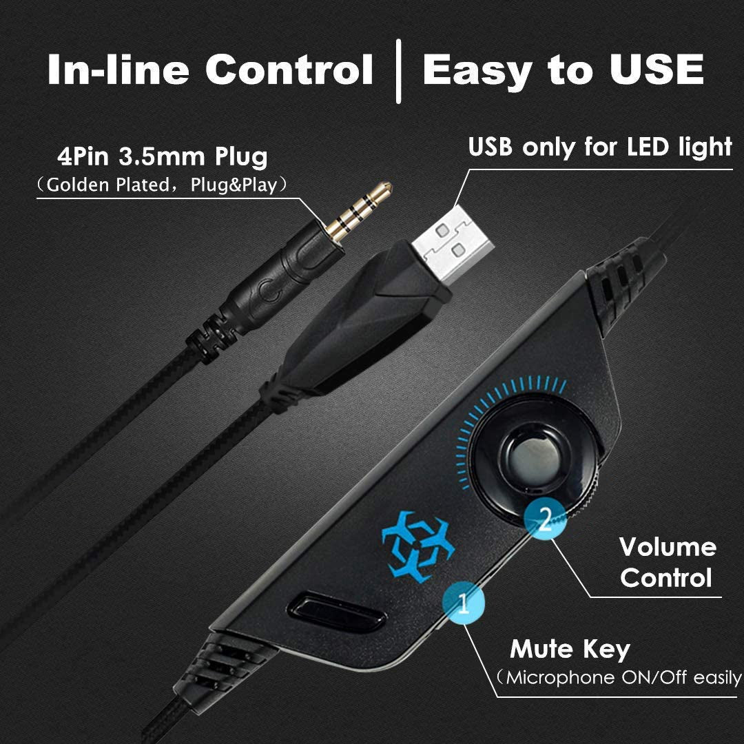 Over Ear Gaming Headphones with Noise Cancelling Microphone, Volume Control, RGB LED Light - Compatible with PS4, Xbox One, PC, Laptop, Mac, Tablet, Smart Phone