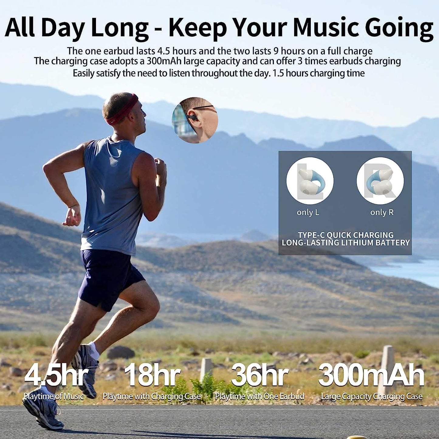 Bluetooth 5.3 Wireless Earclip Headphones - Sweat Resistant Earbuds with Allergy-Free Earhooks for True Wireless Sports Experience during Workouts, Running, and Gym Sessions. Compatible with Apple & Android (Blue)