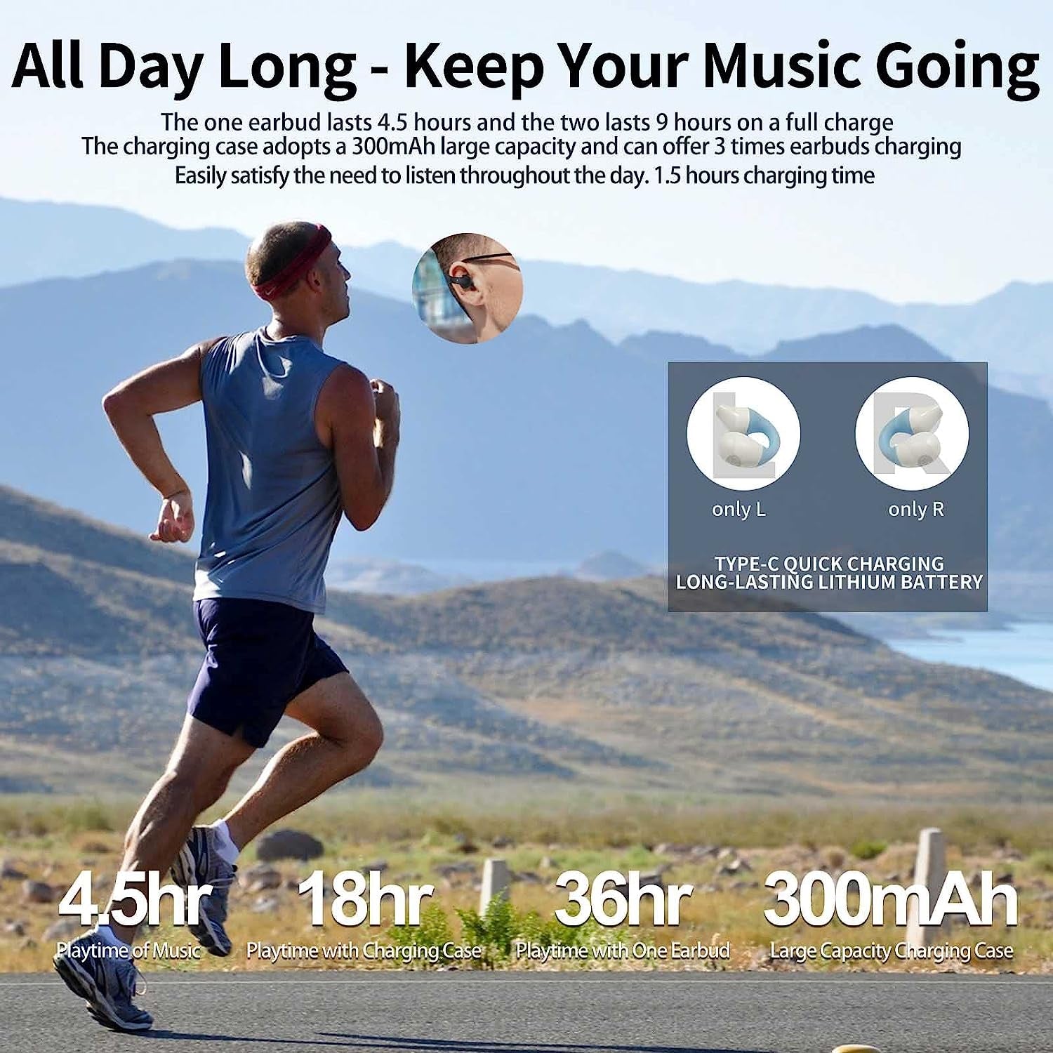 Bluetooth 5.3 Wireless Earclip Headphones - Sweat Resistant Earbuds with Allergy-Free Earhooks for True Wireless Sports Experience during Workouts, Running, and Gym Sessions. Compatible with Apple & Android (Blue)