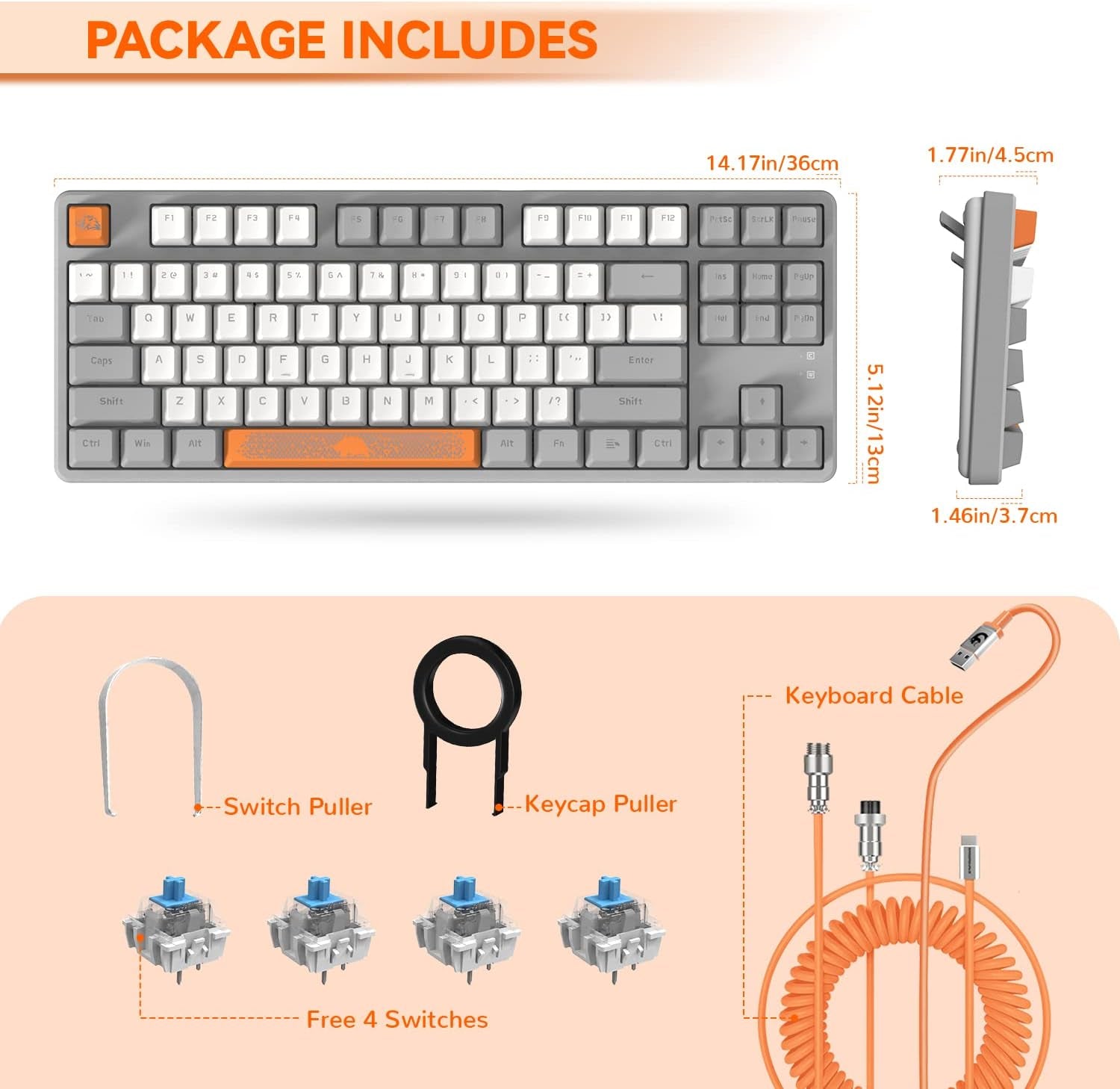 AK873 75% Wired Gaming Keyboard - Hot-Swap Blue Switch, PBT Keycaps, Rainbow LED Backlighting. TKL Ergonomic Mechanical Keyboard with Custom Coiled USB-C Cable for PC, Mac, PS4, Xbox Gamers Grey White