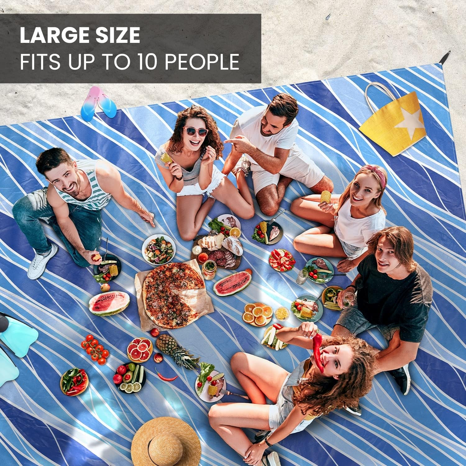 Waterproof Beach Blanket - Colorful Sandproof Beach Mat for Up to 10 People, Includes Stakes and Storage Bag - Large Microfiber Polyester Blanket Ideal for Beach Trips, Picnics, Concerts, and Hikes.