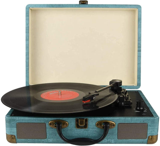 Vintage 3-Speed Bluetooth Vinyl Turntable with Stereo Speaker - A Belt-Driven Suitcase Vinyl Record Player for nostalgic music enthusiasts.