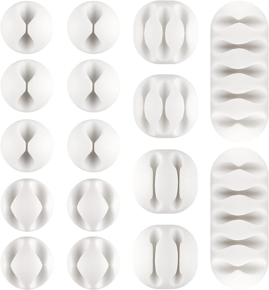 Cable Clips 16 Pack - Self Adhesive Cord Organizer for USB Charging Cables, Power Cord, Mouse Cables, Headphone Cords - White