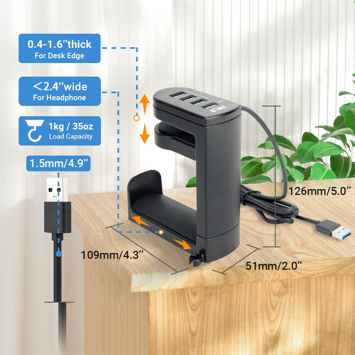 2-in-1 Desk Headphone Hanger Hook with USB Port and 4 USB Ports, Adjustable Rotating Arm Clamp - Black