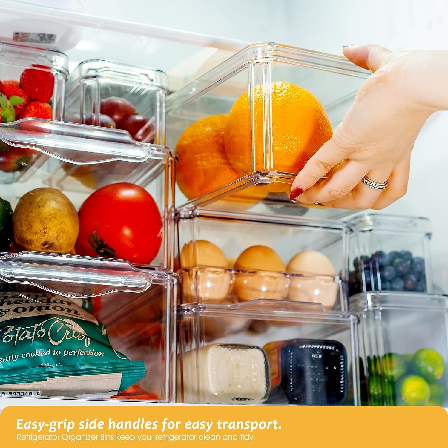 Set of 9 Fridge Organizer Bins with Lids - Clear Stackable Plastic Containers for Refrigerator, Pantry, and Kitchen Storage, BPA-Free and Versatile Organizers in 6 Different Sizes