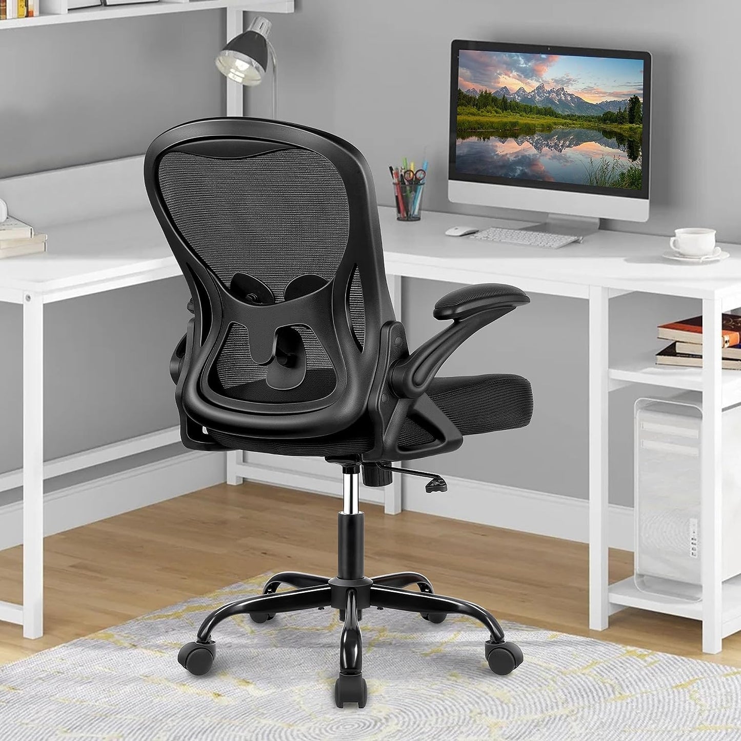  Ergonomic Mesh Office Chair with Adjustable Lumbar Support and Flip Up Armrest, Swivel Task Chair for Home Office, Mid Back Breathable Rolling Desk Chair (Black)