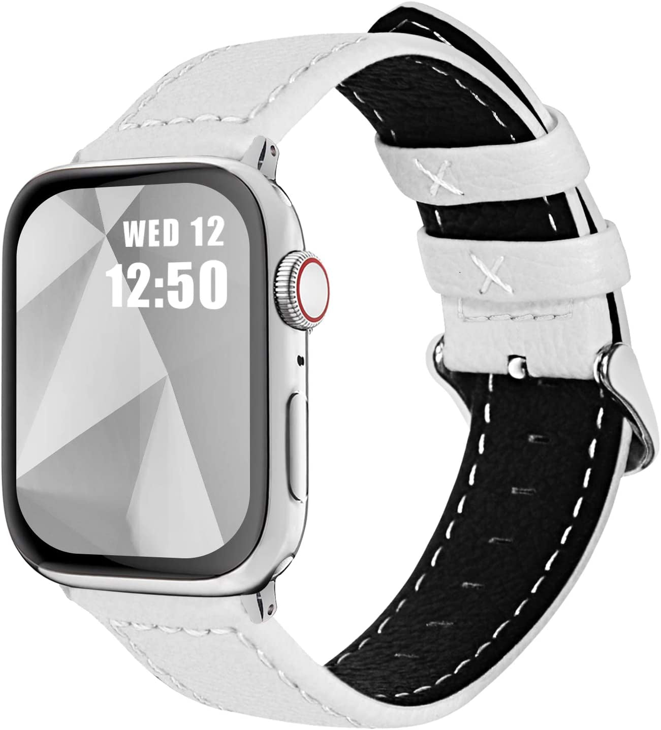 Texture Calf Leather Strap - Compatible with Apple Watch Band 38mm 40mm 41mm; Replacement Band/Strap/Bracelet for iWatch SE/SE2/Series 8/7/6/5/4/3/2/1; Available in White