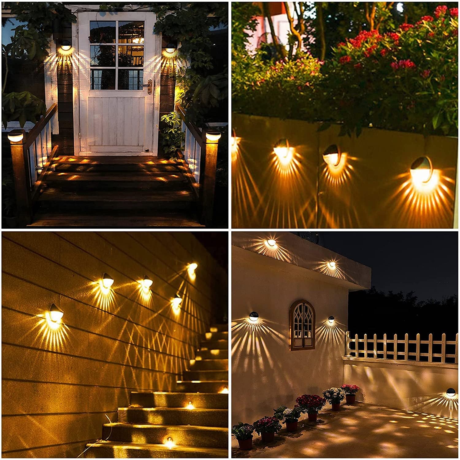 Set of 4 Solar Fence Lights - IP65 Waterproof, Automatically Turns On and Off, Emitting Warm White LED Light, Ideal for Illuminating Wall, Deck, Post, Patio, Yard, Stairway, Path, and Porch.