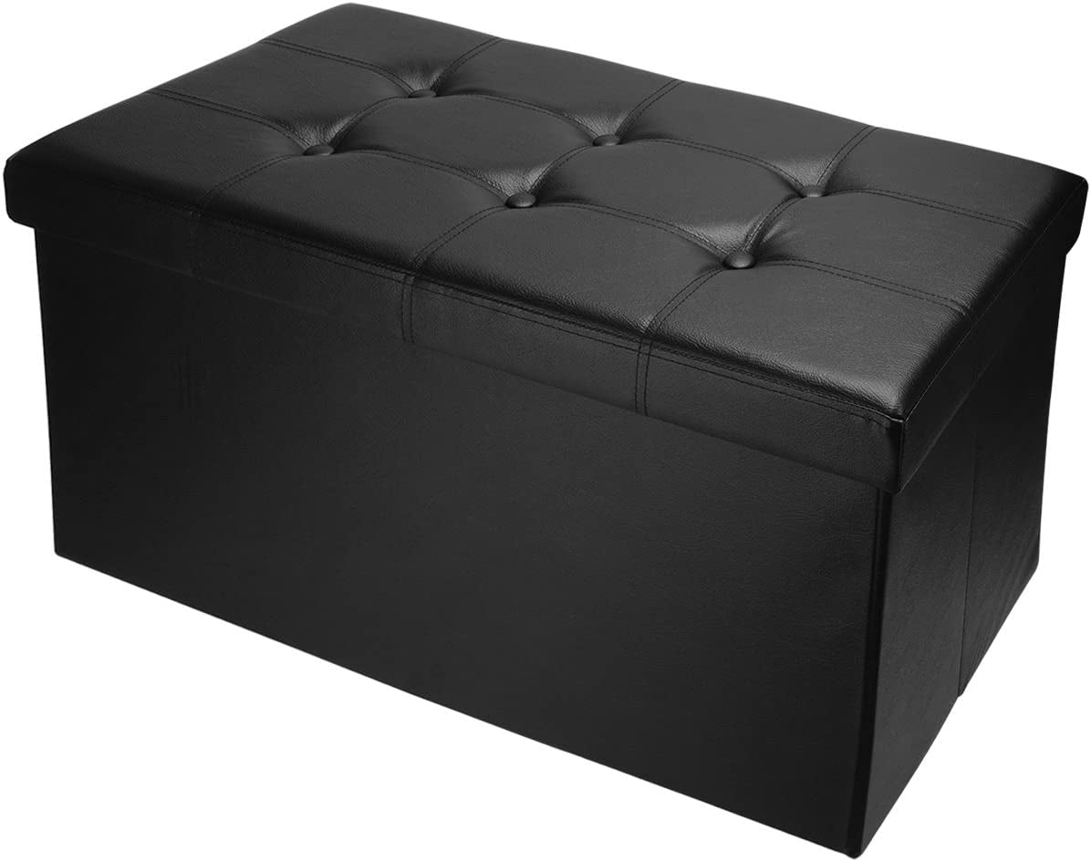 Faux Leather Folding Ottoman Coffee Table - Versatile Foot Rest Stool/Bench Seat, Dimensions 30" x 15" x 15", Black Color