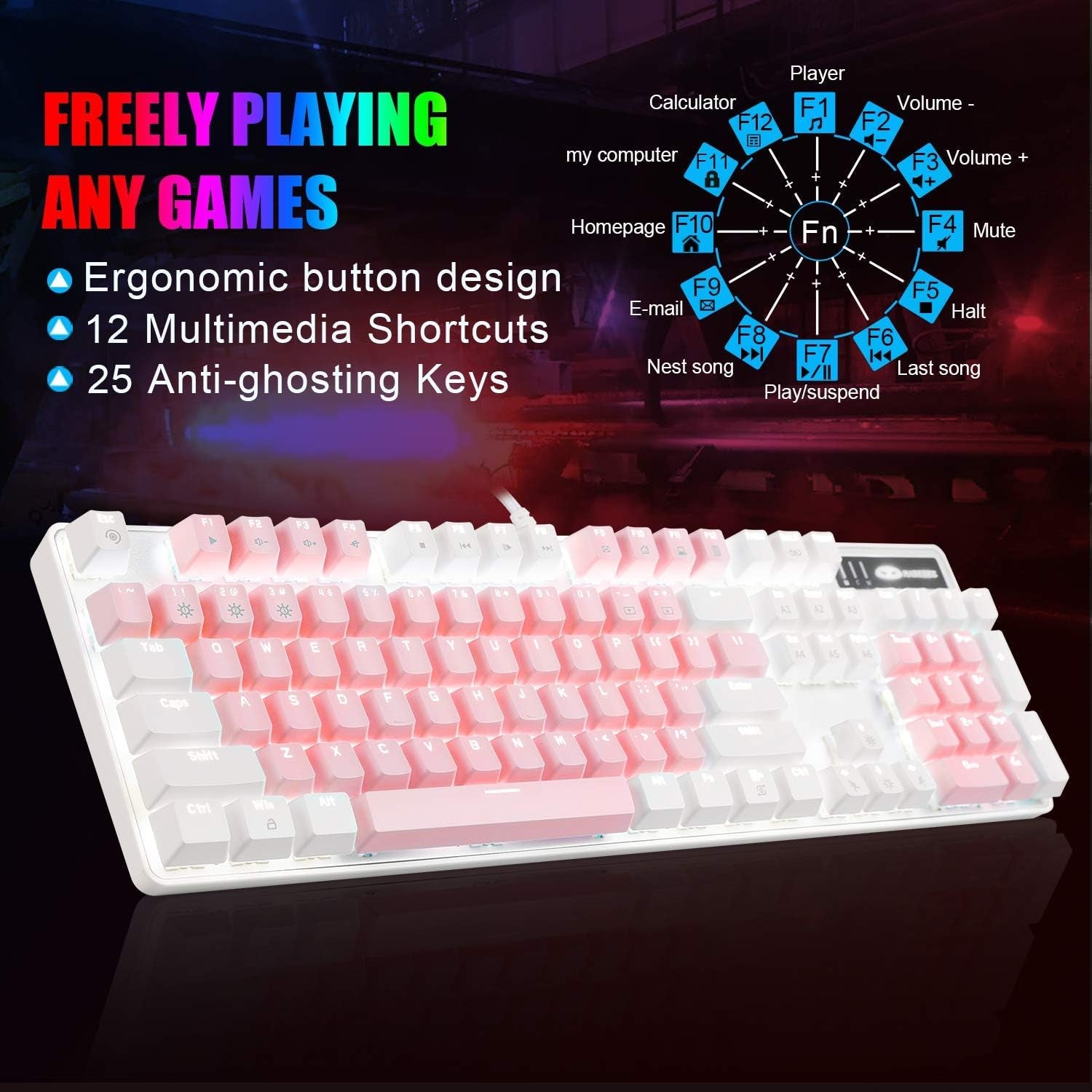 Mechanical Gaming Keyboard, New Upgraded 104 Keys White LED Backlit Keyboard with Blue Switches. USB Wired Mechanical Gaming Keyboard for Computer Laptop PC Gamers White and Pink