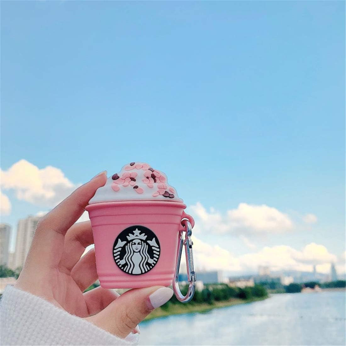 Pink coffee cup silicone AirPods case with 3D character design and keychain.