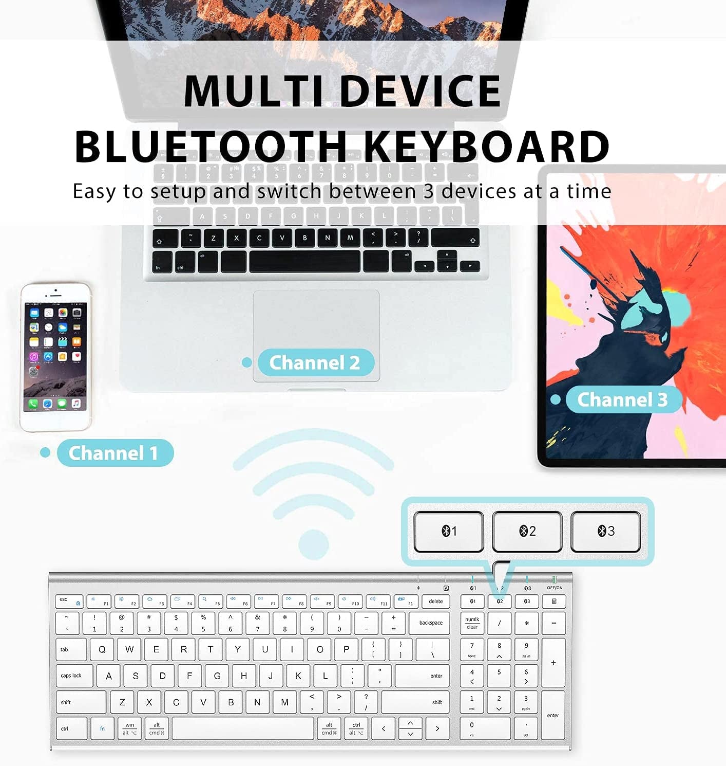 Bluetooth Keyboard: Rechargeable Multi-Device Keyboard with Number Pad, Full Size Ergonomic Design and Stable Bluetooth 5.1 Connection for iPad, iPhone, Mac, iOS, Android, and Windows