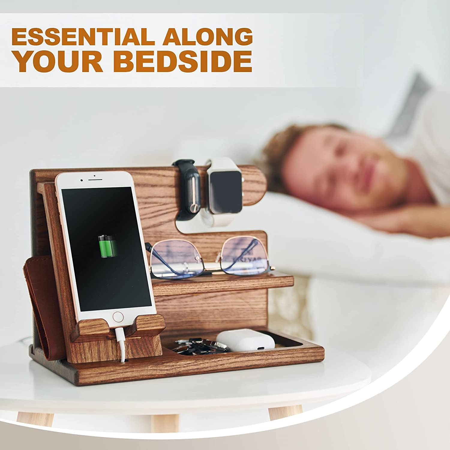  Wood Phone Docking Station - Nightstand Desk Organizer 