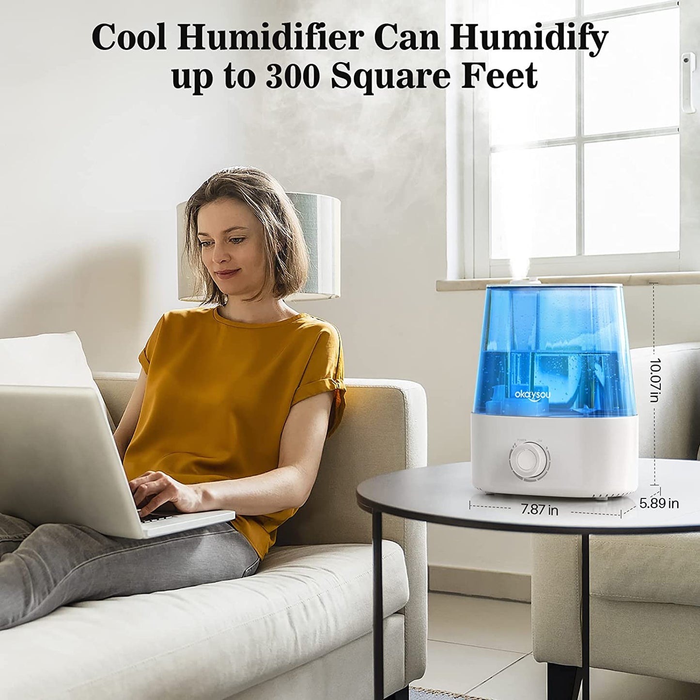  Large Room Humidifier with Essential Oil Diffuser, 2.2L Capacity, Quiet Cool Mist Ultrasonic Technology, 360° Mist Nozzle, Easy-Fill Tank, Auto Safety Shut-off, Blue Color